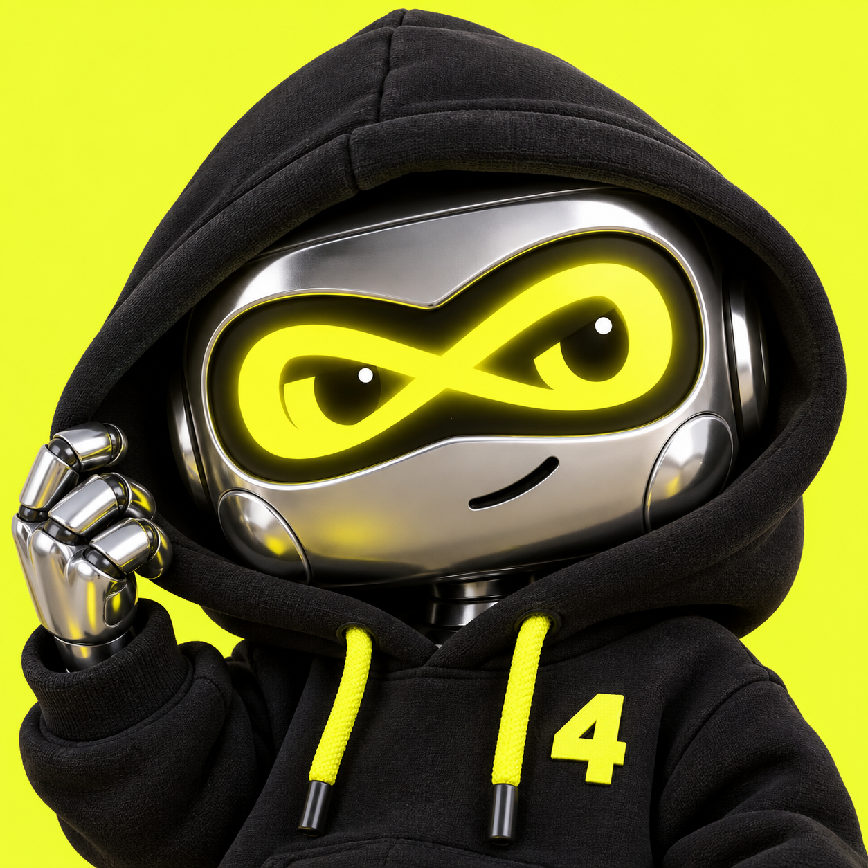 FOREVER, the BNC4EVER chrome robot with yellow infinity eyes and a black hoodie
